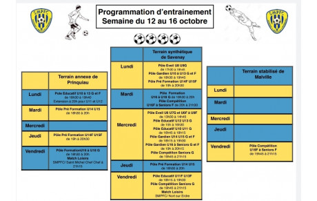 Programme de la semaine d'entrainements